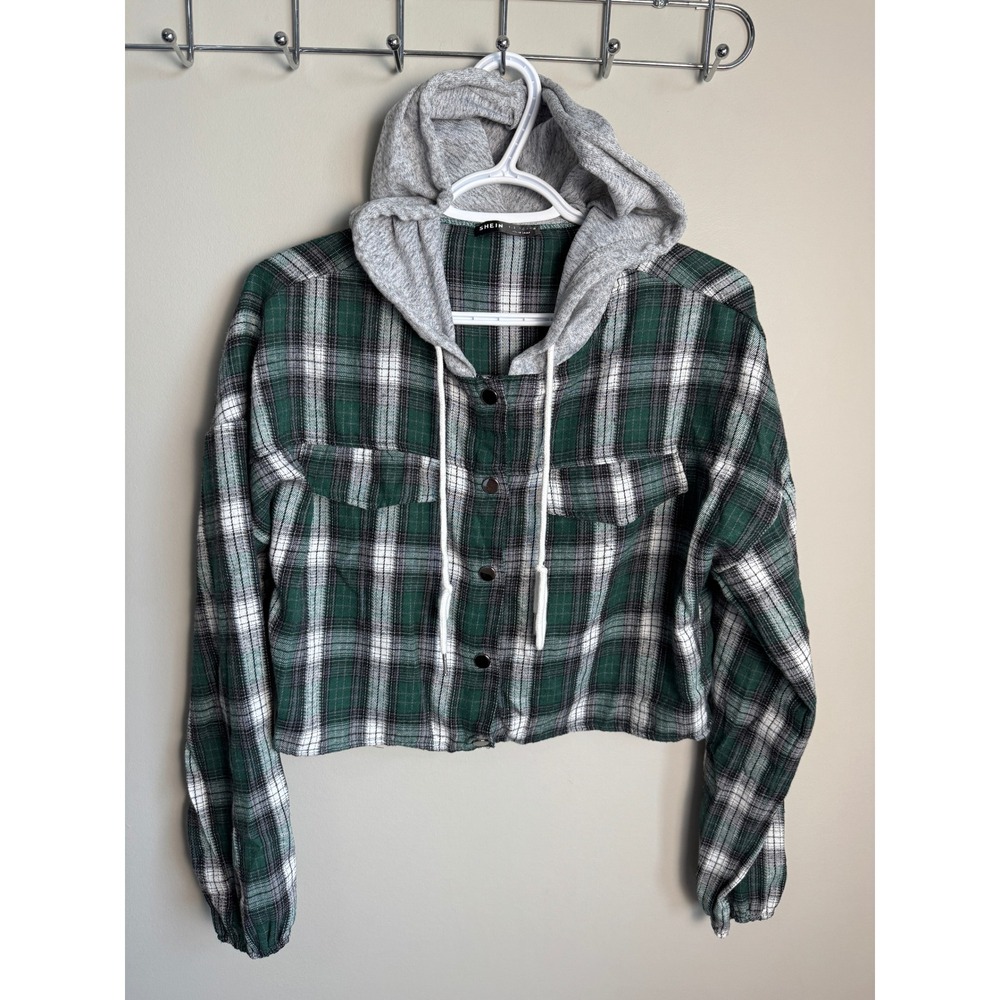 Front Snap Up Green Plaid Cropped Hooded‎ Flannel Shacket L Grunge Skater Indie